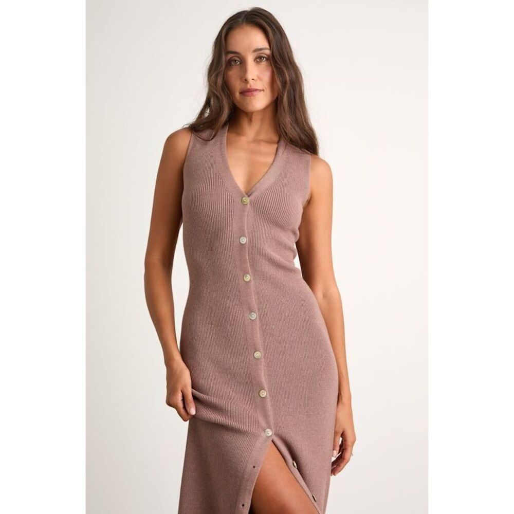 Lulus Emelyne Light Brown Ribbed Button-front Sweater Midi Dress - Size S